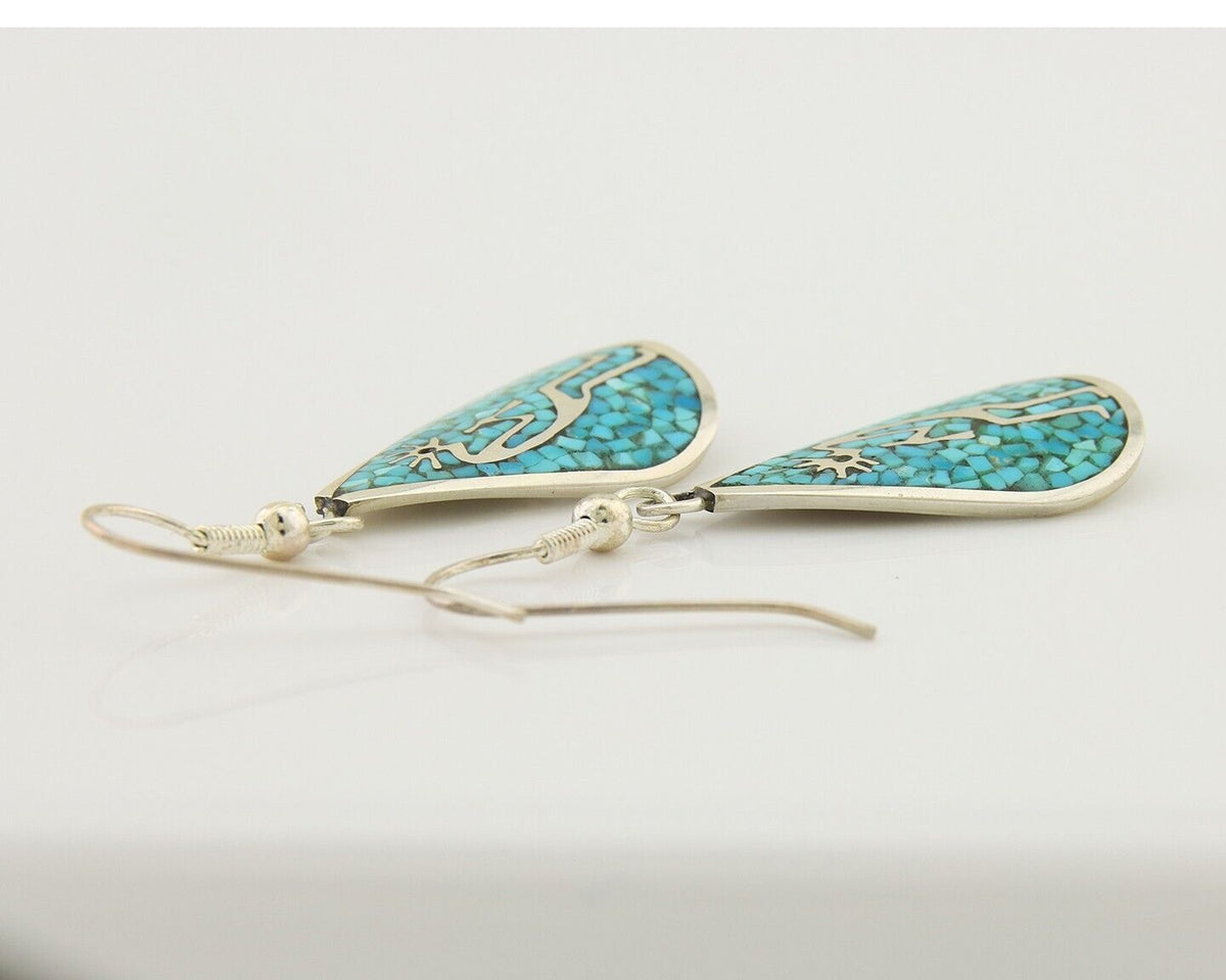 Navajo Kokopelli Earrings 999 Nickel Chip Inlay Turquoise Coral Native American