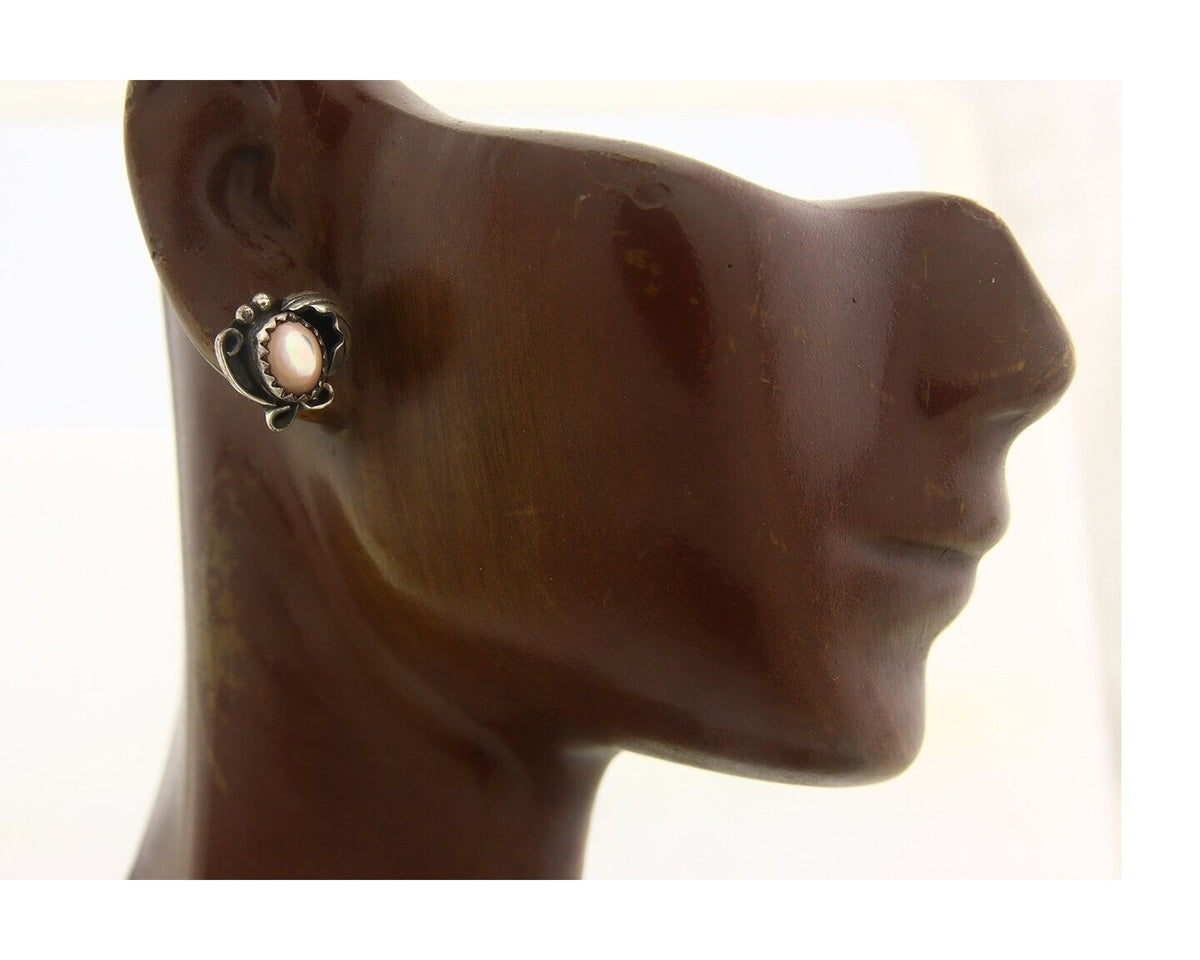 Navajo Earrings 925 Silver Handmade Natural Pink Mussel Native American Artist