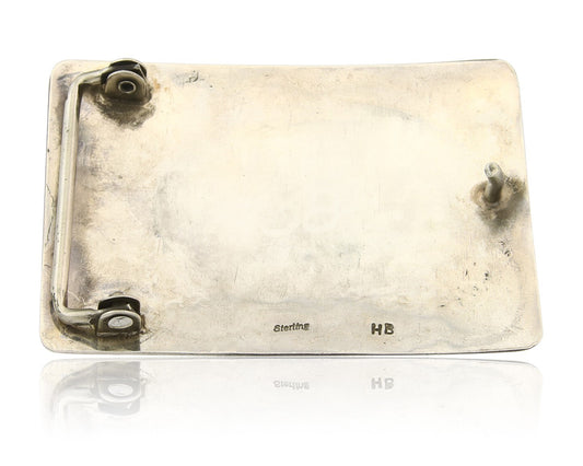 Navajo Belt Buckle 925 Sterling Silver Turquoise & Coral Signed HB C.80's