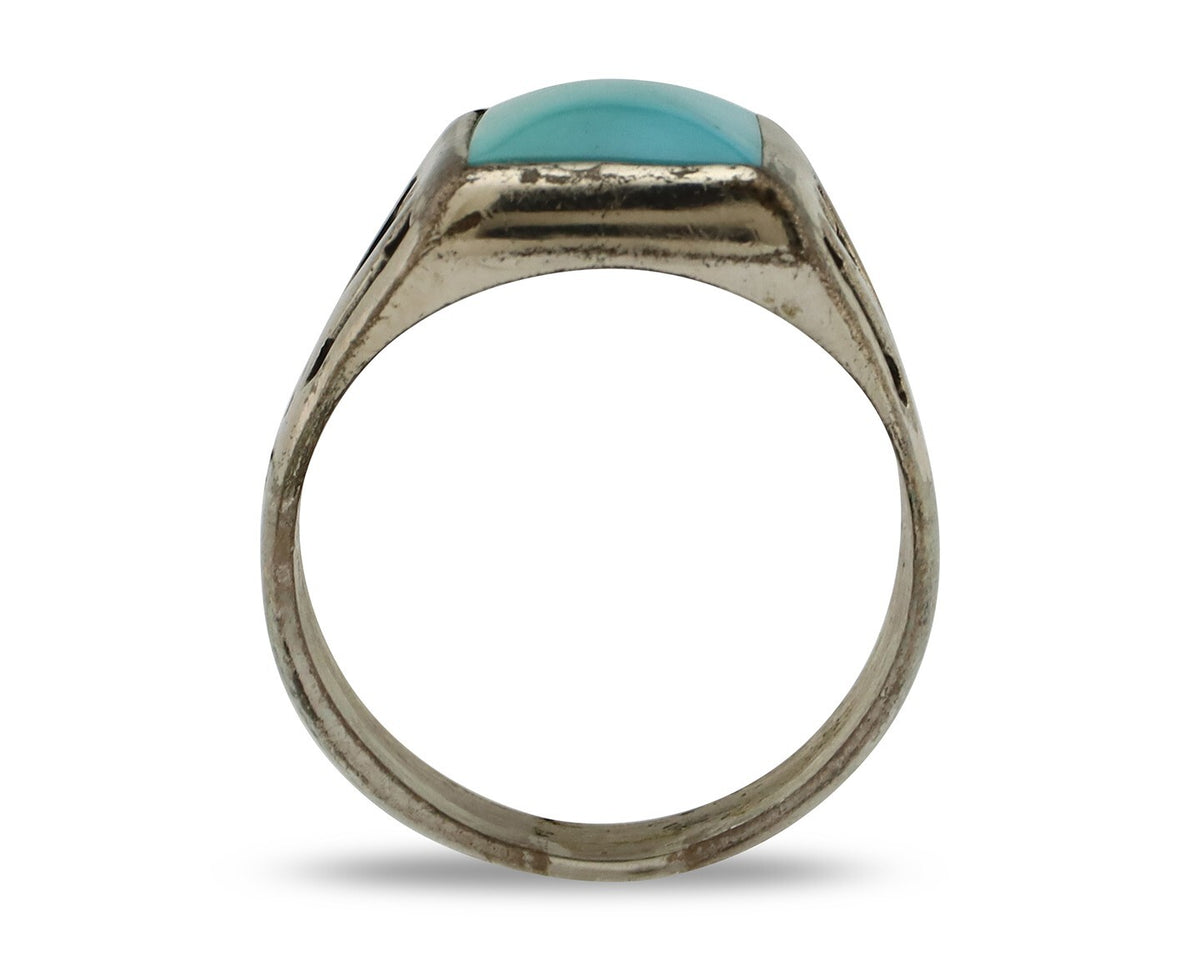 Navajo Ring 925 Silver Kingman Turquoise Signed Sun Bell Silver Company C.80's