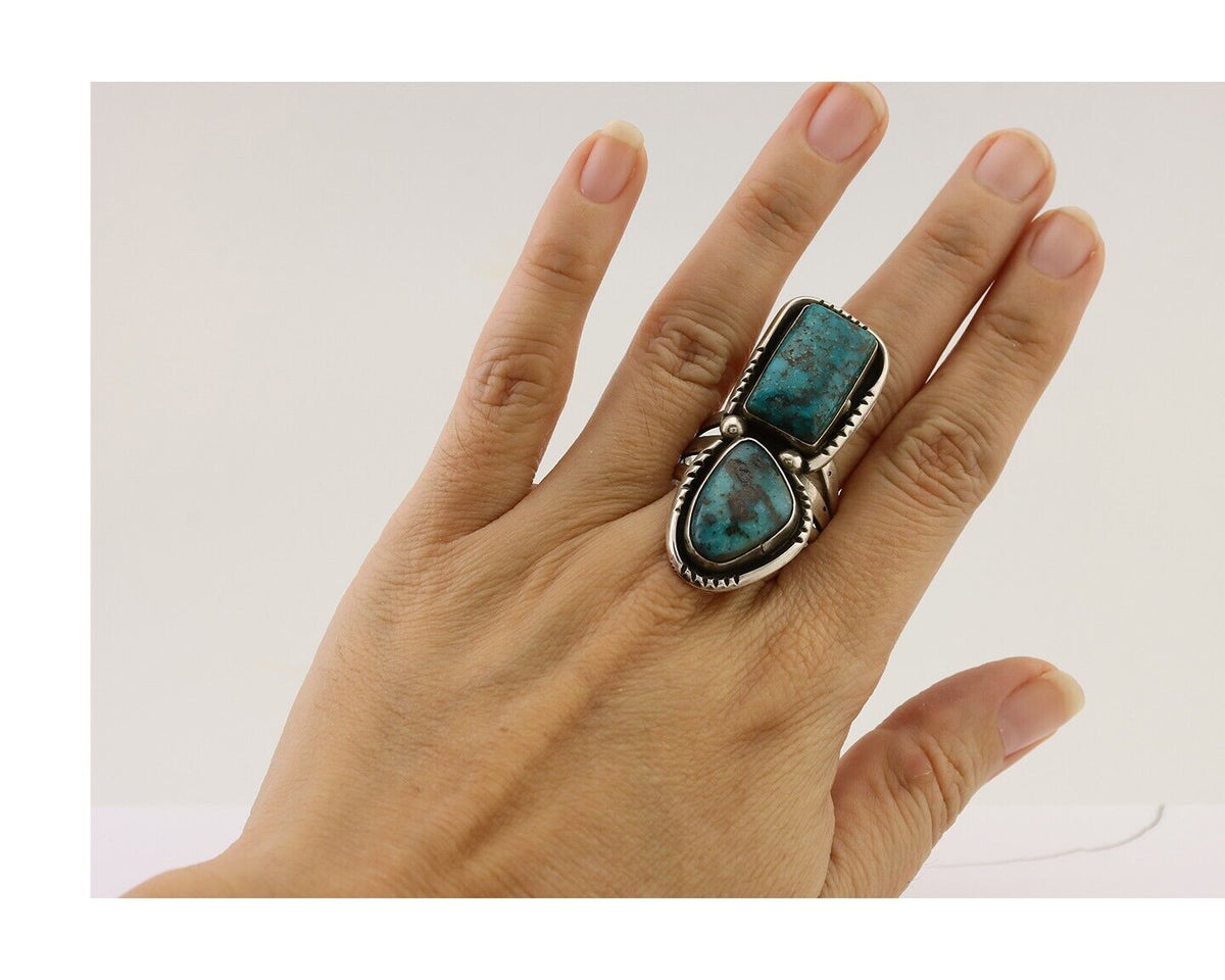 Navajo Handmade Ring 925 Silver Morenci Tuquoise Native American Artist C.80's