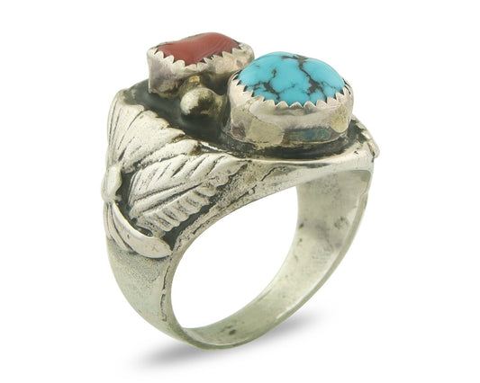 Vintage Navajo Band 925 Sterling Turquoise & Coral Native Artist Size 9.0