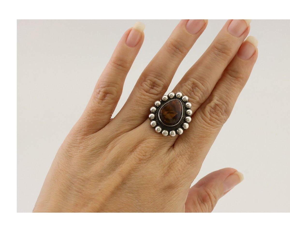 Navajo Handmade Ring 925 Silver Natural Fire Opal Native Artist Size 6.75 C.80's