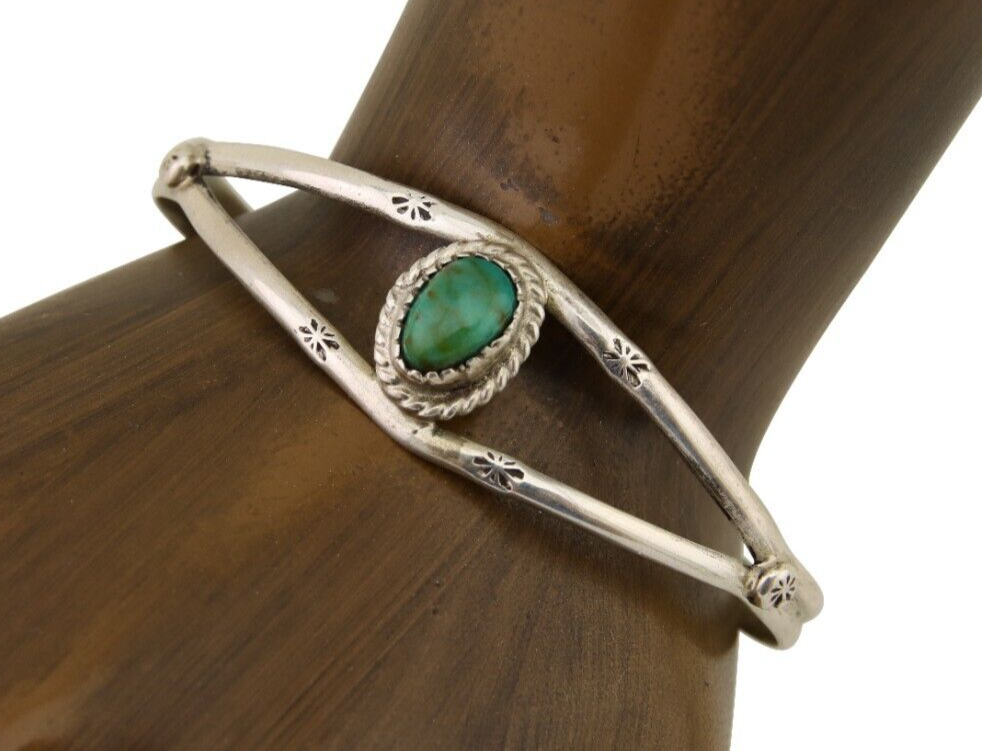 Navajo Hand Stamped Cuff Bracelet Turquoise 925 Silver Native American Artist