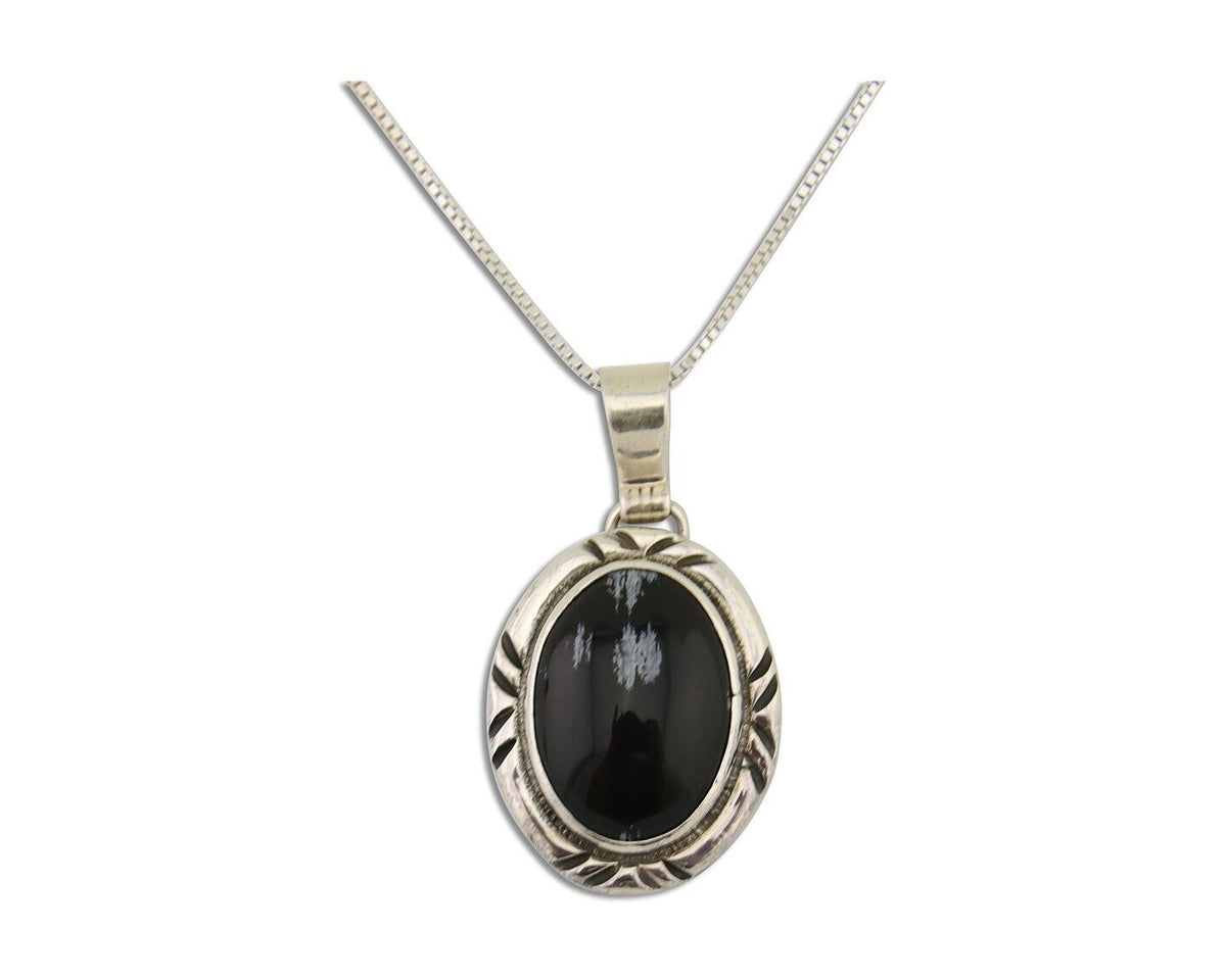 Navajo Necklace 925 Silver Onyx Natural Snowflake Agate Signed Native American