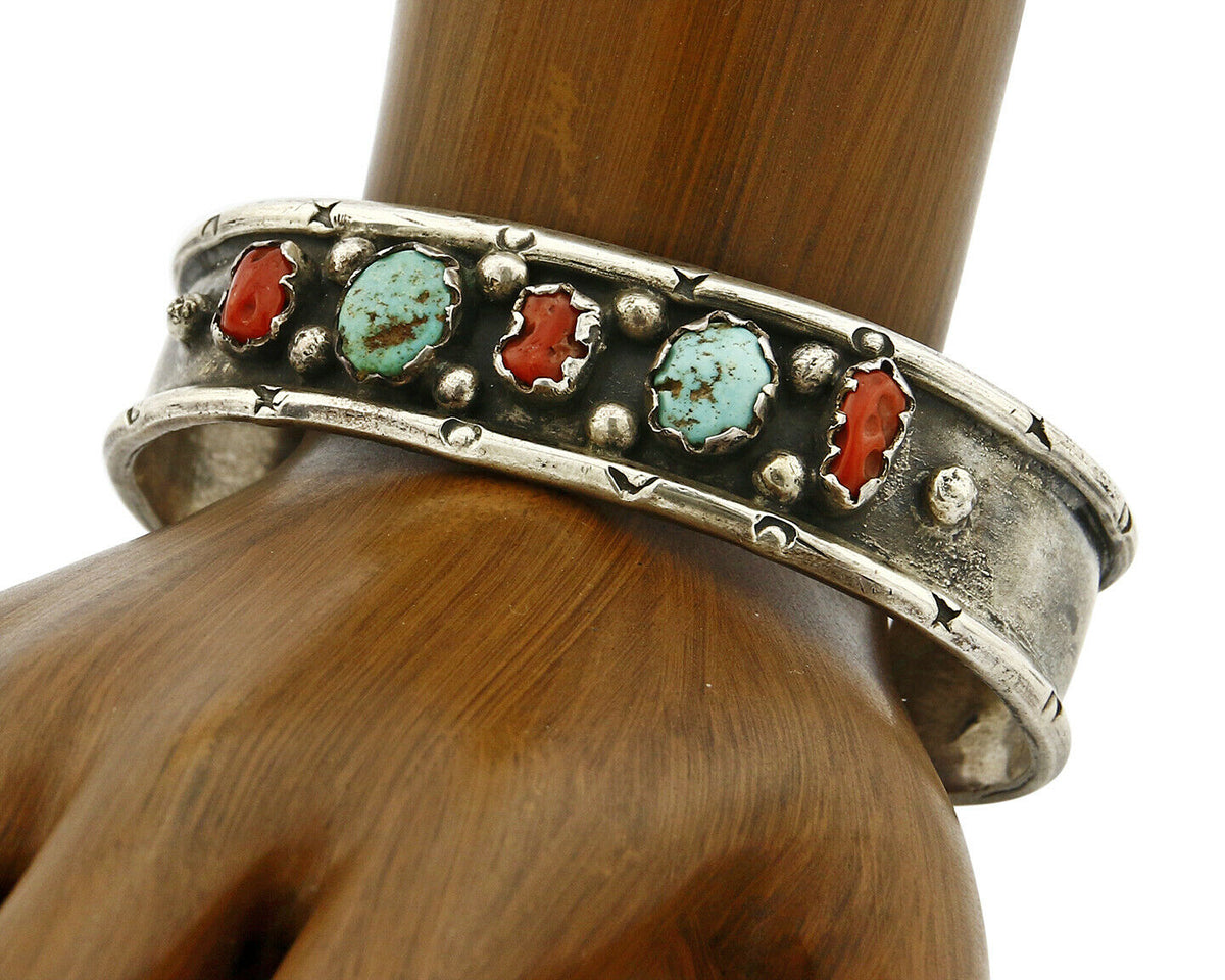 Navajo Bracelet .925 Silver Red Coral & Turquoise Handmade Cuff C.70's