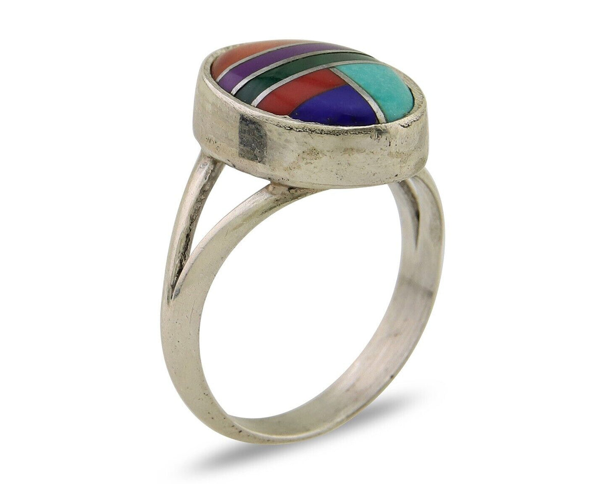 Navajo Ring 925 Sterling Silver Natural Gemstones Artist Signed Sunrise C.80's