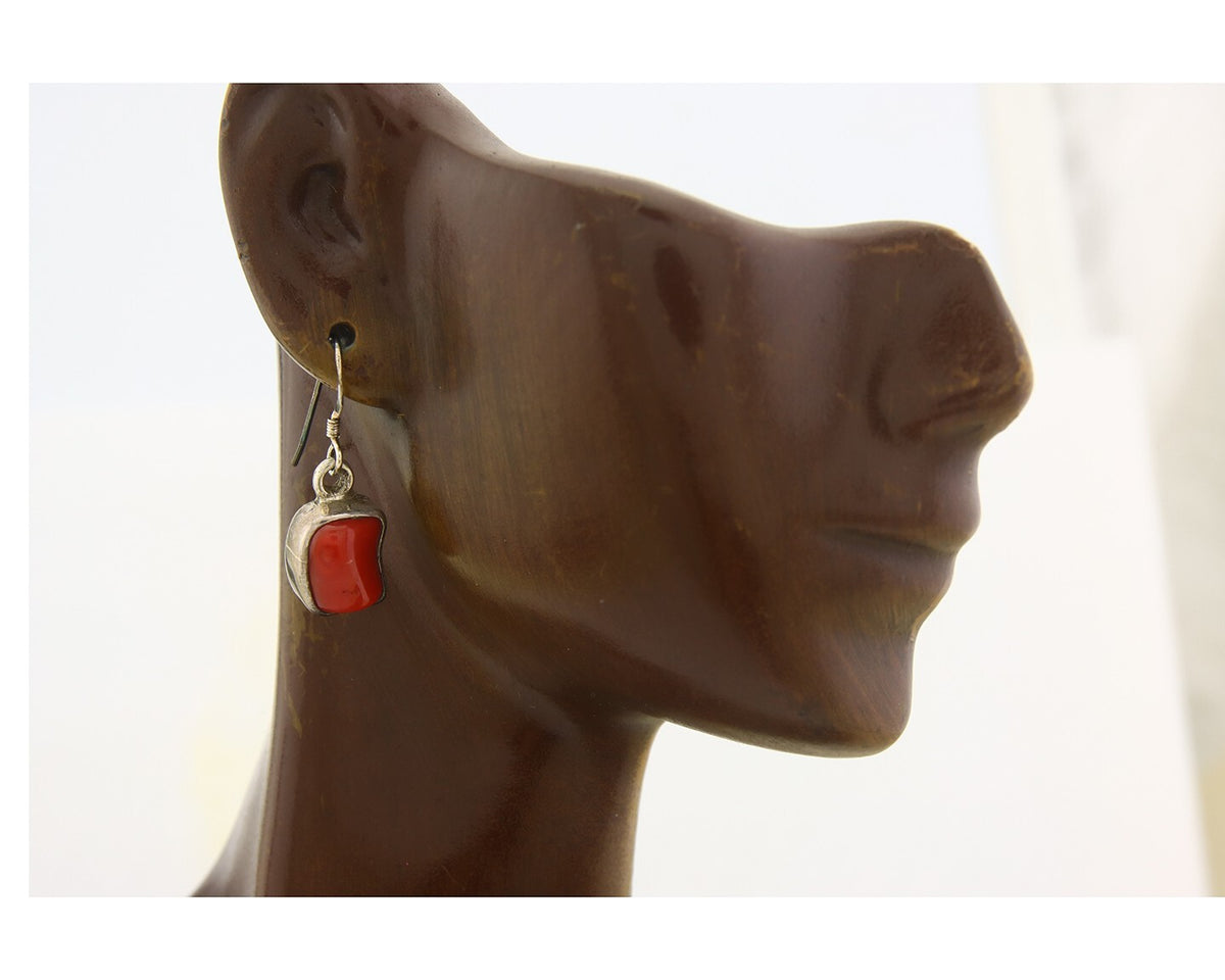 Navajo Earrings 925 Silver Natural Coral Native American Artist C.80's
