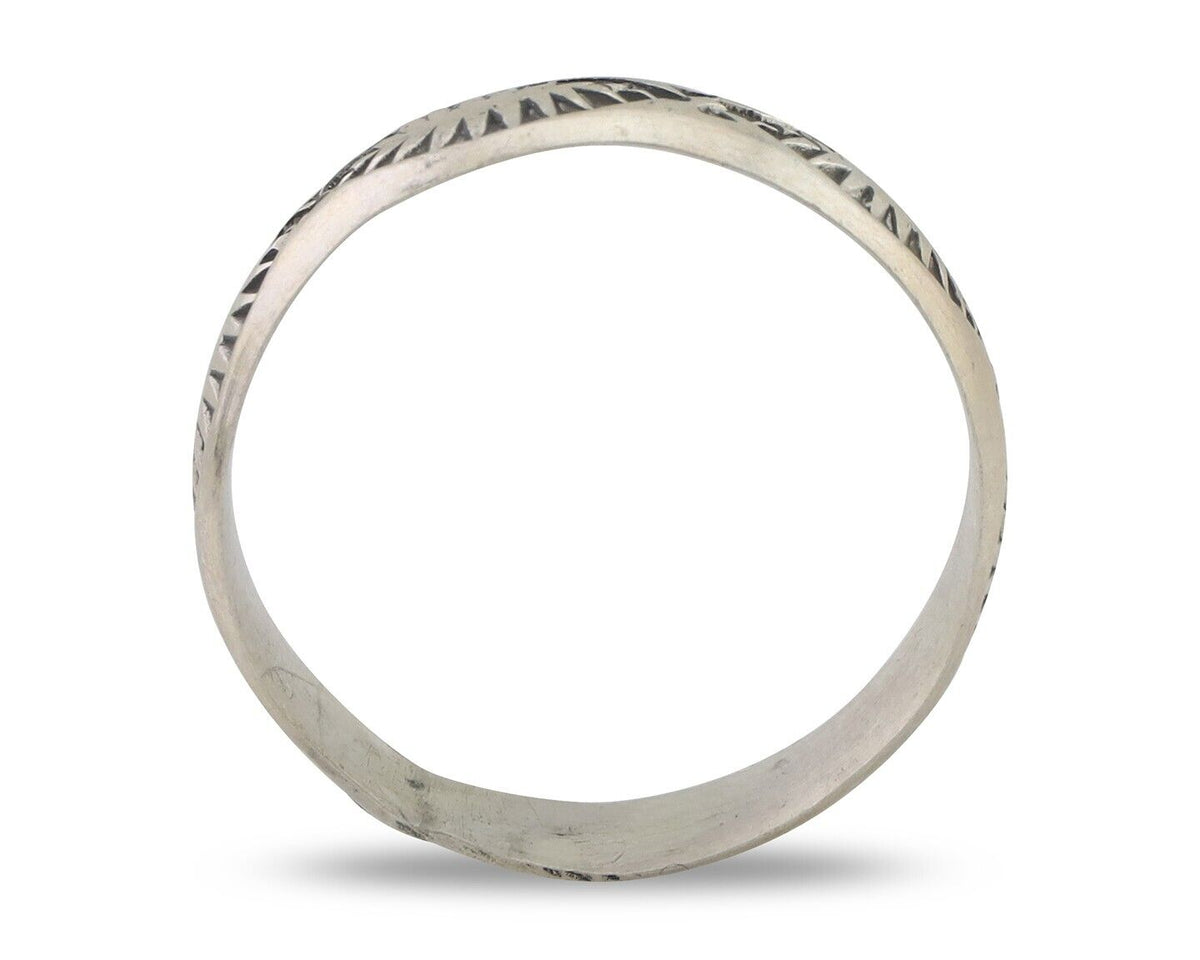 Navajo Hand Stamped Band 925 Silver 5.0 mm Signed Larry Chavez Size 8.35 C.80's