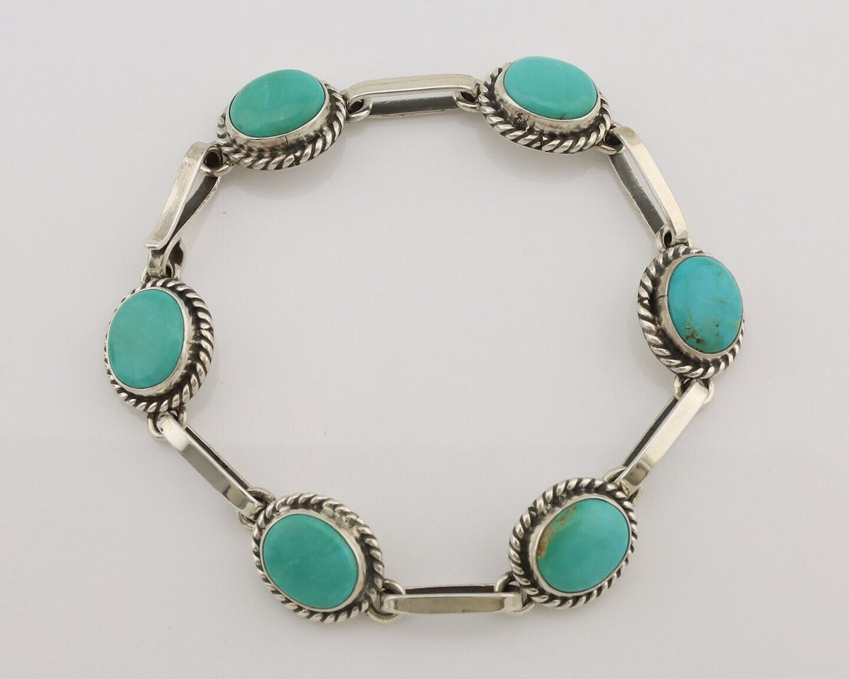 Navajo Link Bracelet 925 Silver Kingman Turquoise Native American Artist C.80's