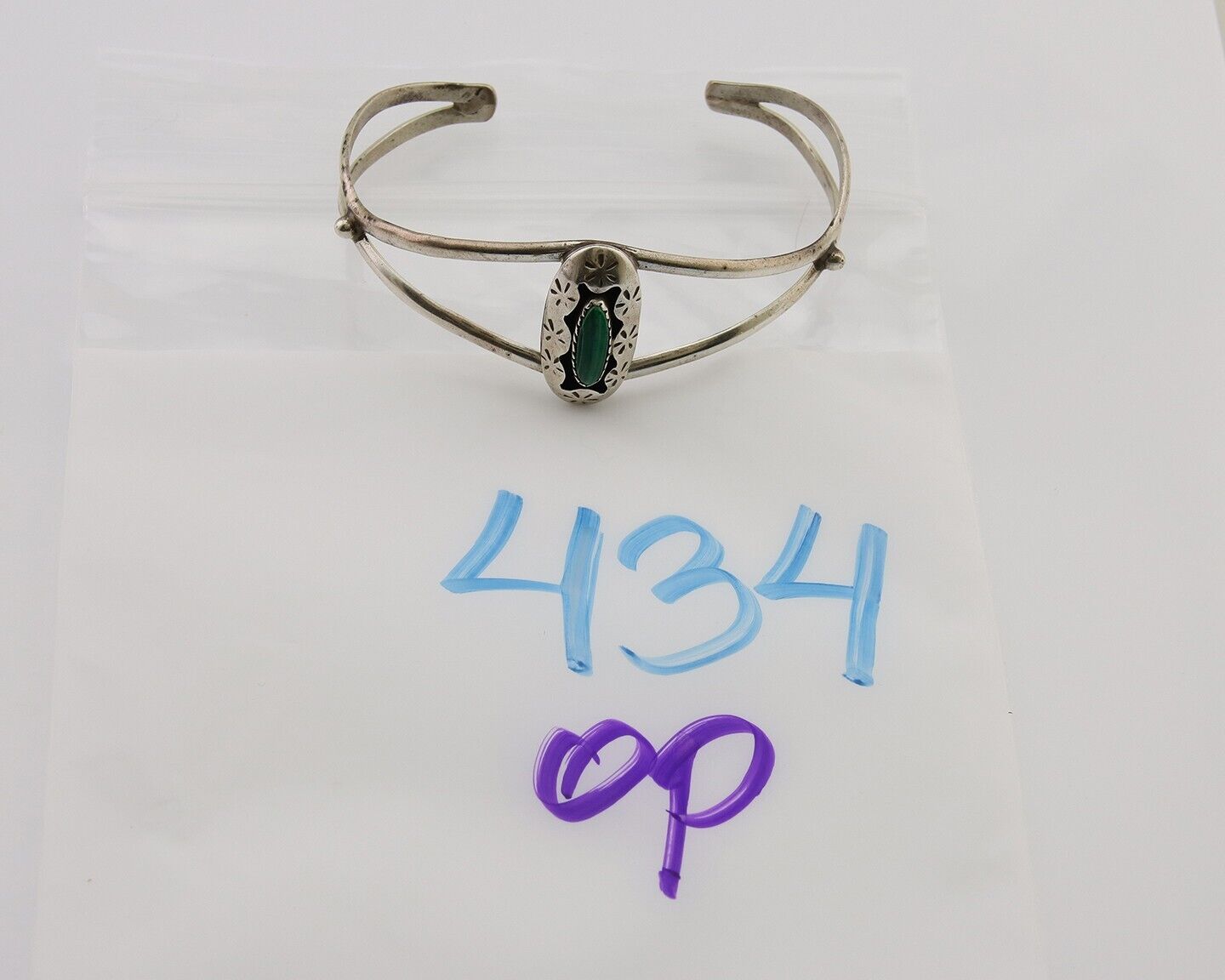 Navajo Hand Stamped Cuff Bracelet Malachite 925 Silver Artist Signed IJC C.80's