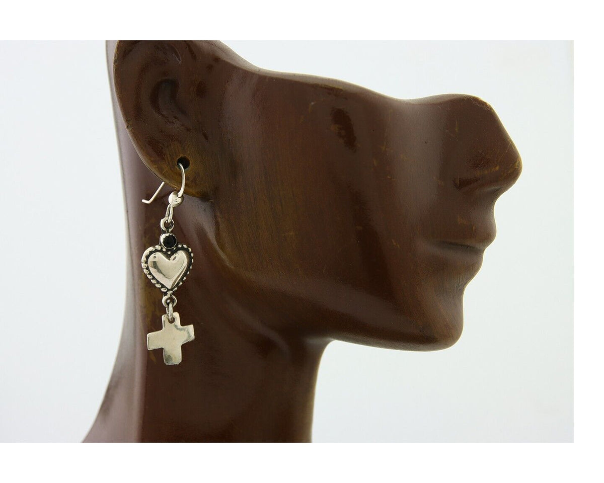 Navajo Earrings 925 Silver Heart Cross Natural Onyx Native American Artist C.80s