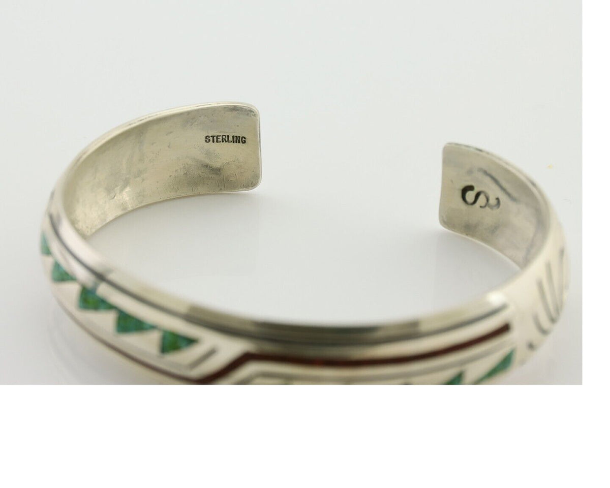 Navajo Inlay Bracelet 925 Silver Turquoise & Coral Signed Stanely Bain C.80's