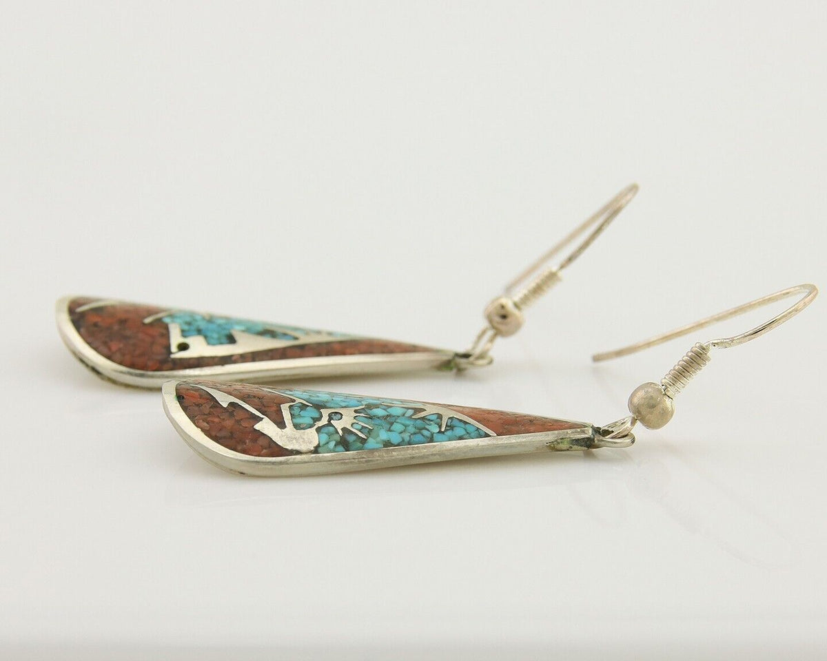 Navajo Kokopelli Earrings 999 Nickel Chip Inlay Turquoise Coral Native American