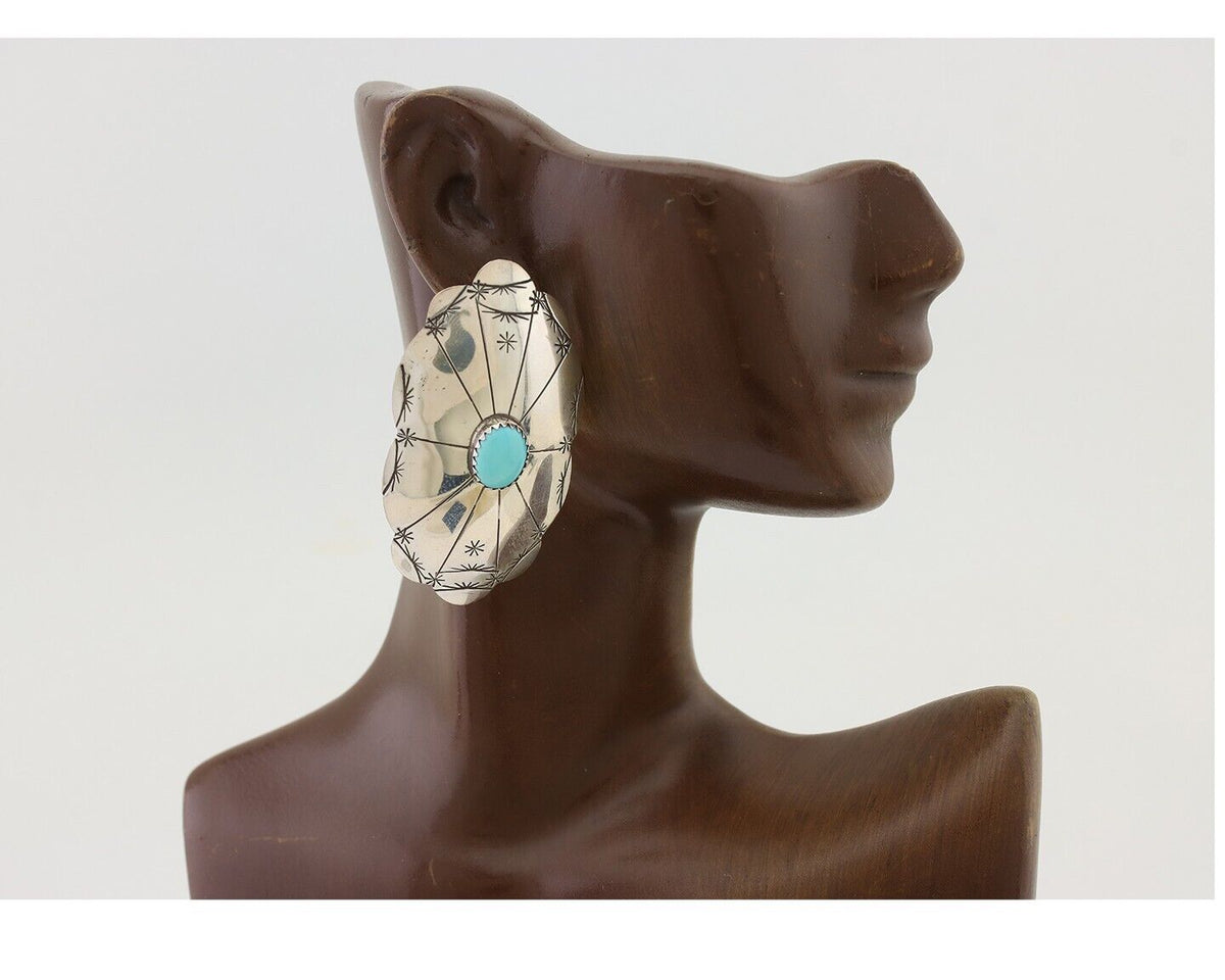 Navajo Hand Stamped Shield Earrings 925 Silver Turquoise Native Artist C.80's