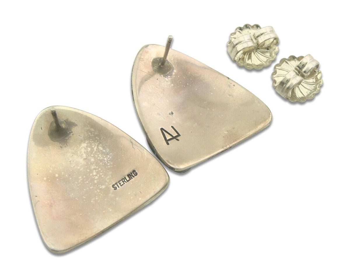 Navajo Earrings 925 Silver Natural Turquoise Artist Signed AL C.80's