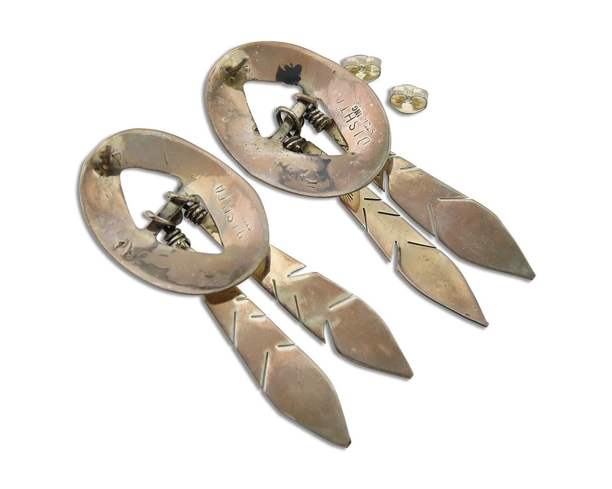 Navajo Feather Earrings 925 Silver Dangle Artist Signed DISHTA C.80's