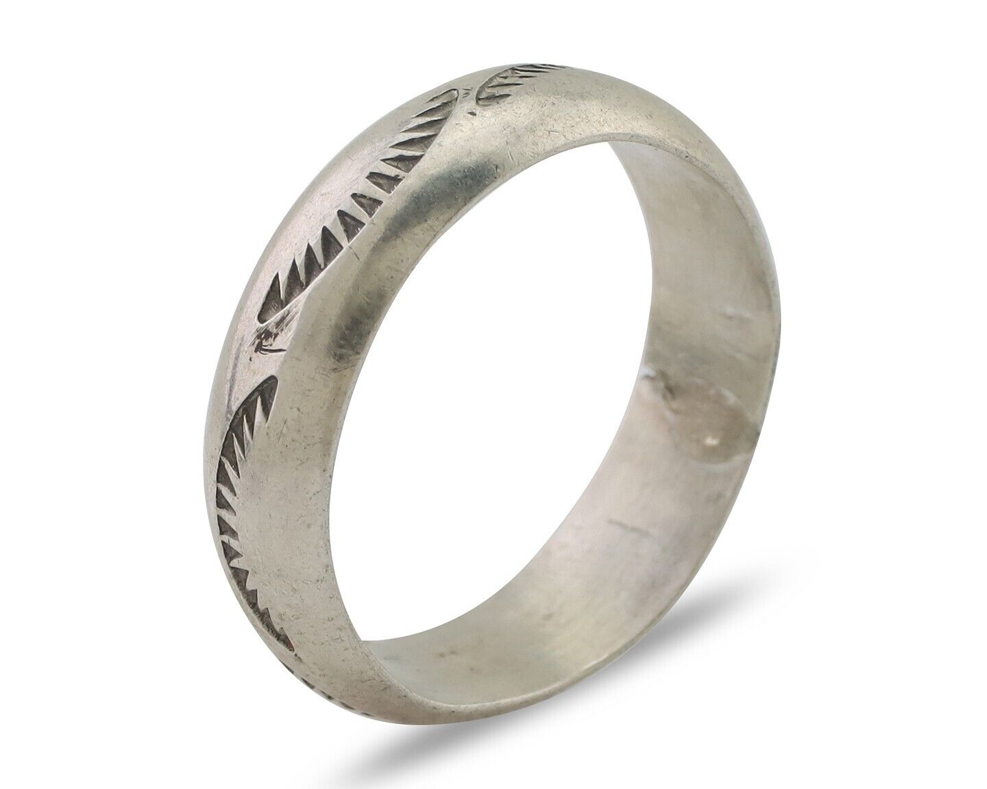 Navajo Hand Stamped Band 925 Silver 6.0 mm Signed Larry Chavez Size 10 C.80's