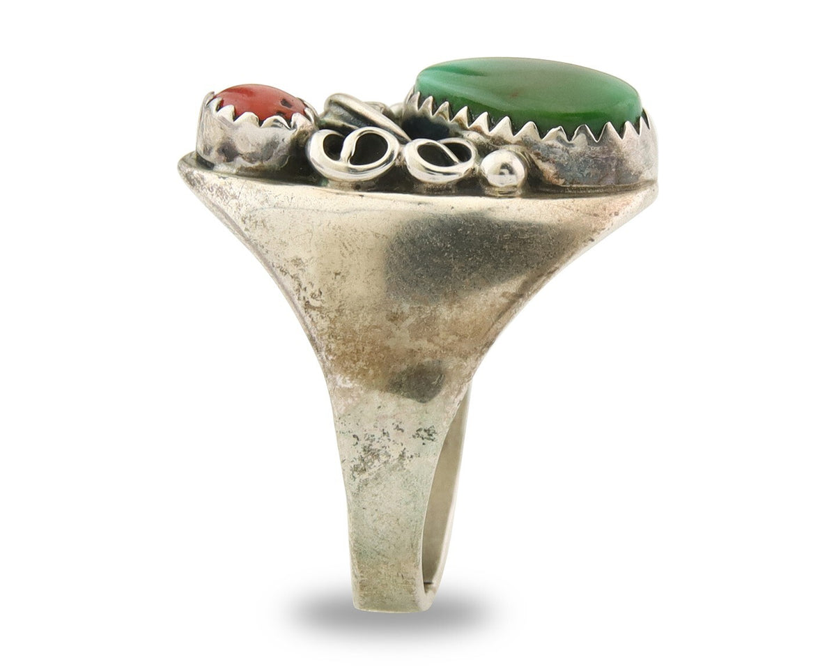 Navajo Ring 925 Sterling Turquoise & Coral Native Artist C.80's Size 7.75