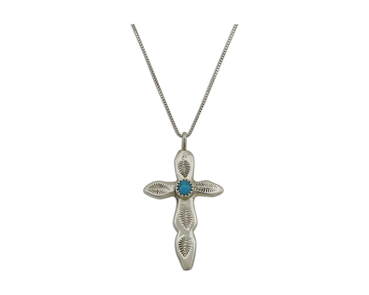 Navajo Cross Necklace 925 Silver Turquoise Hand Stamped Native American C.80's