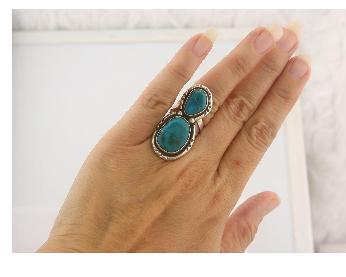Vintage Navajo Ring 925 Sterling Authentic Turquoise Signed P Size 5.0