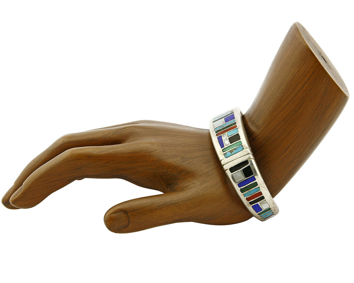 Early Artist David Freeland Inlaid Natural Gemstone .925 SOLID Silver Cuff