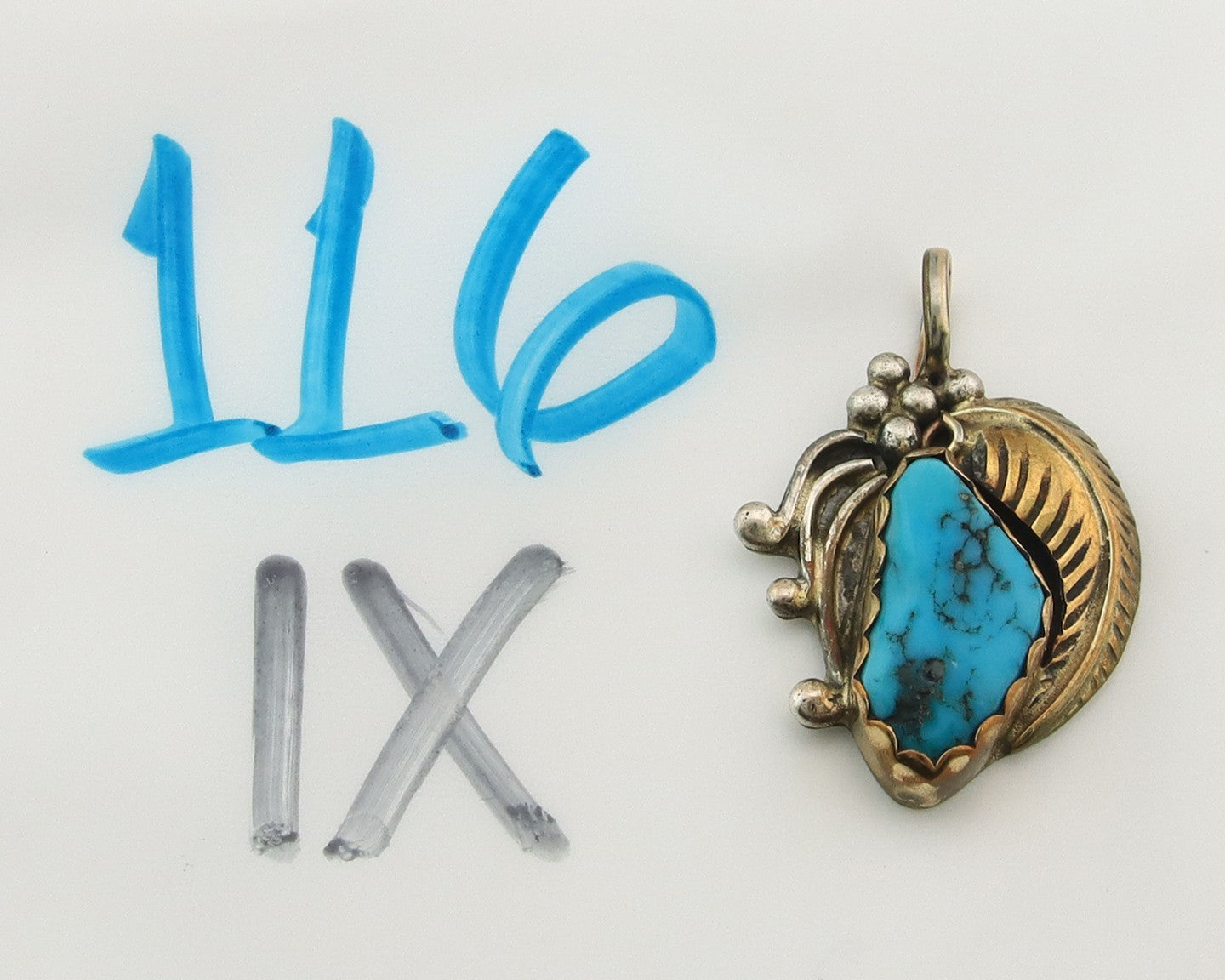 Navajo Pendant Sterling Silver & Gold Natural Blue Turquoise Signed MP