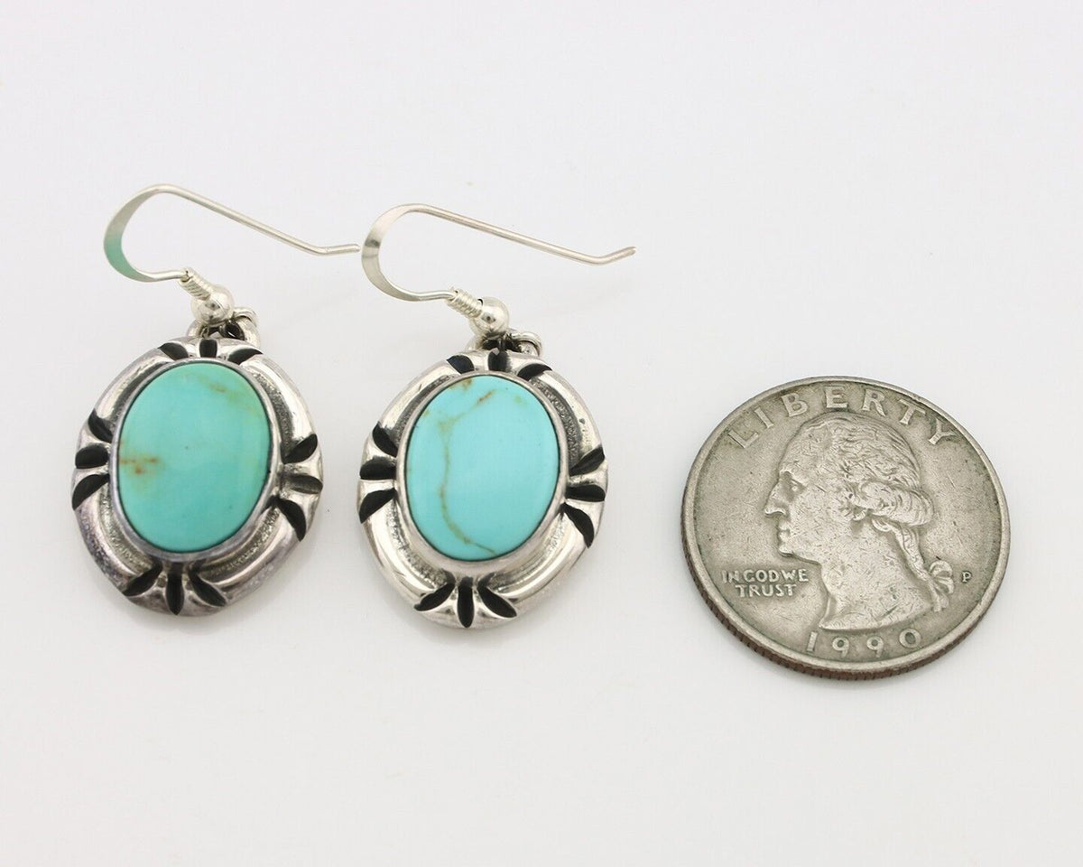 Navajo Handmade Earrings 925 Silver Natural Arizona Turquoise Signed Gecko C.80s