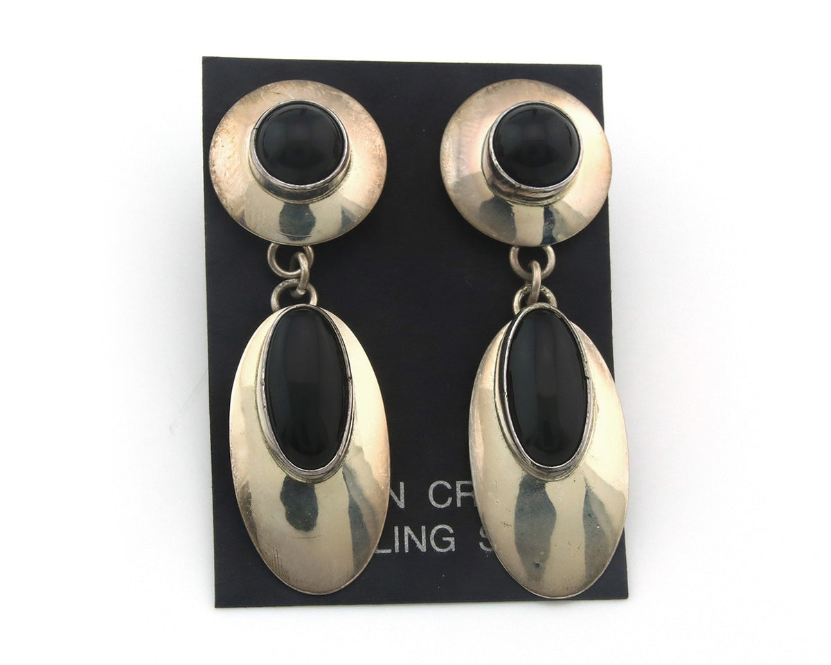 Navajo Earrings Sterling Silver Natural Onyx Dangle Vintage Handmade