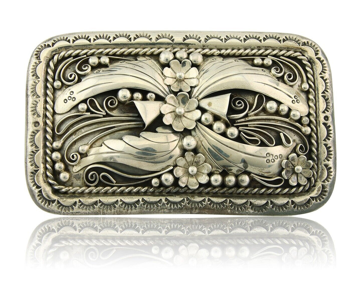 Navajo Belt Buckle 925 Sterling Silver Handmade Signed EEJ 2x3.25 in C.80's
