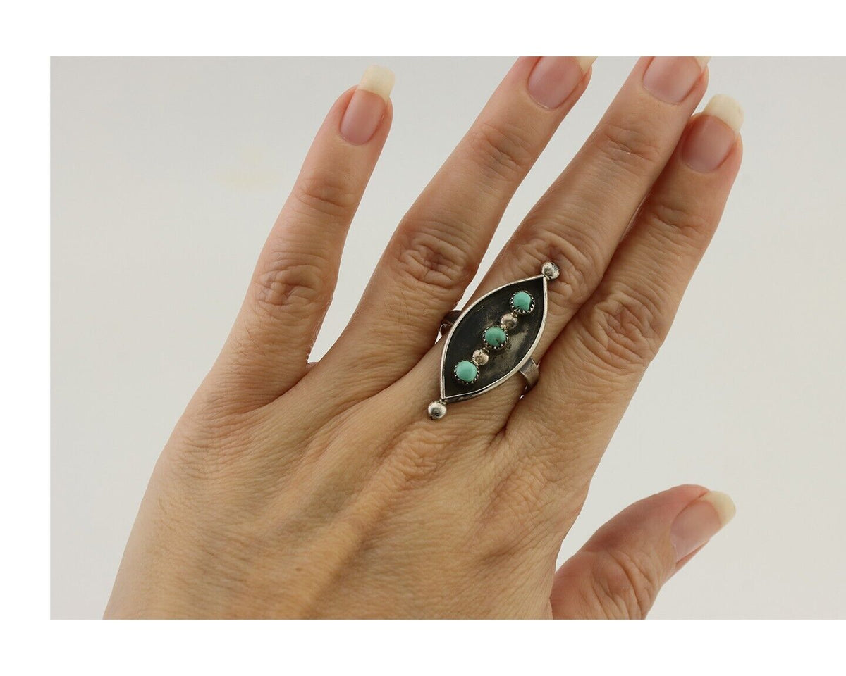 Vintage Navajo Ring 925 Silver Natural Turquoise Signed AZ9-AD Size 7.75