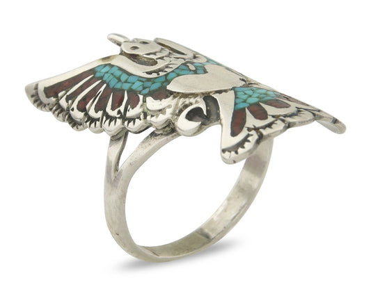 Vintage Navajo Ring 925 Sterling Turquoise & Coral Signed LB Size 9