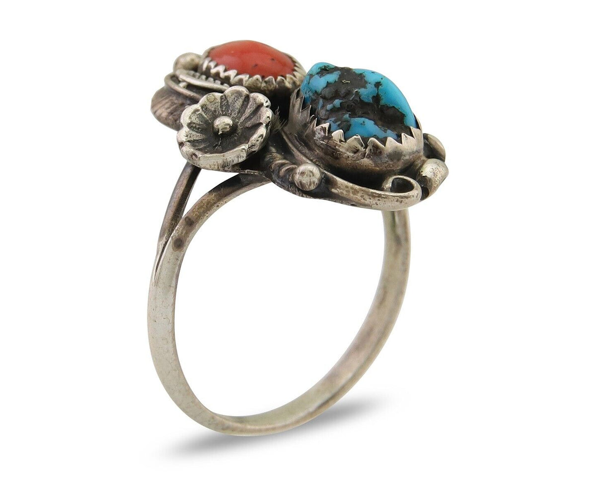 Navajo Ring 925 Silver Turquoise & Coral Artist Signed SC C.80's