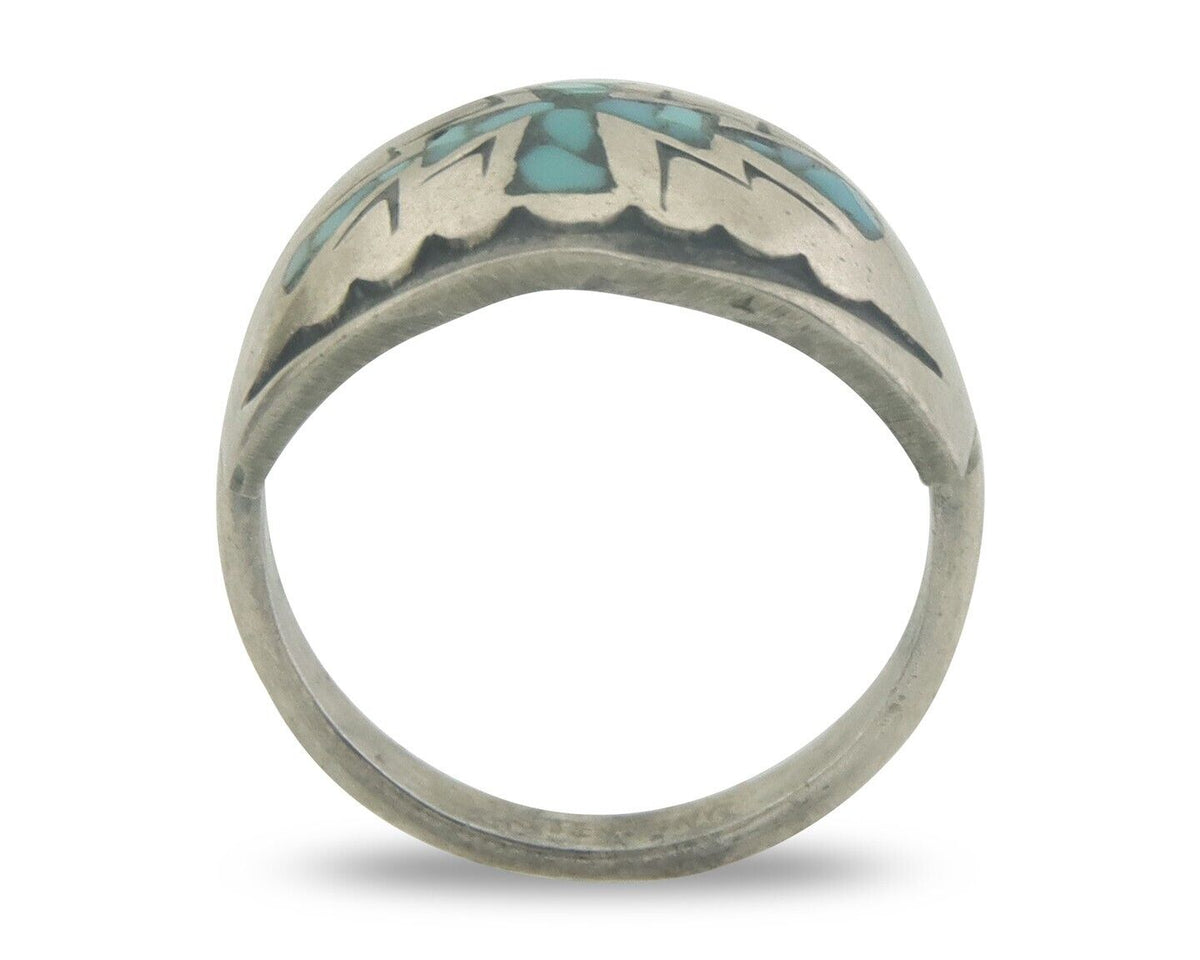Navajo Ring 925 Silver Inlaid Turquoise Native American Artist C.80's Size 4.25