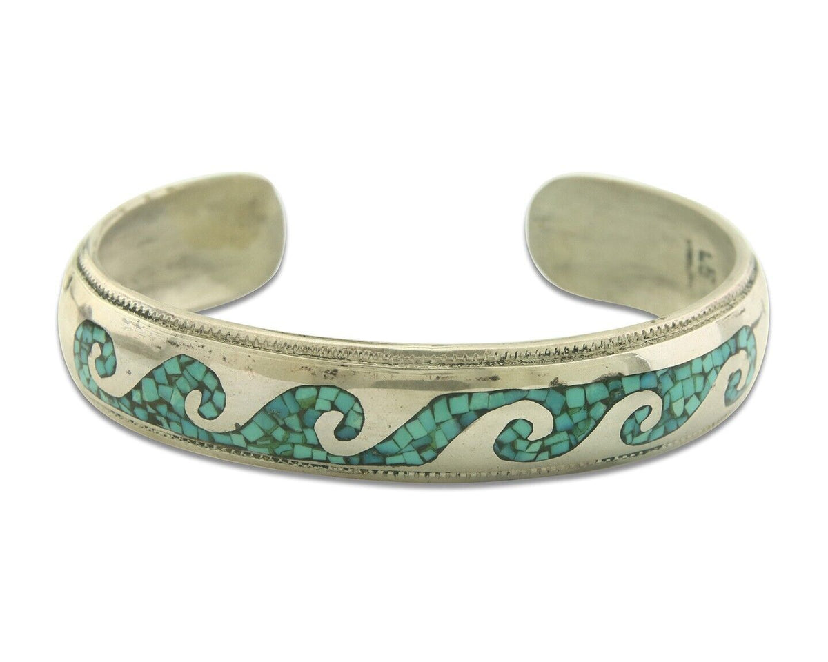 Navajo Bracelet 925 Silver Inlaid Turquoise Cuff Artist Signed LB C80s