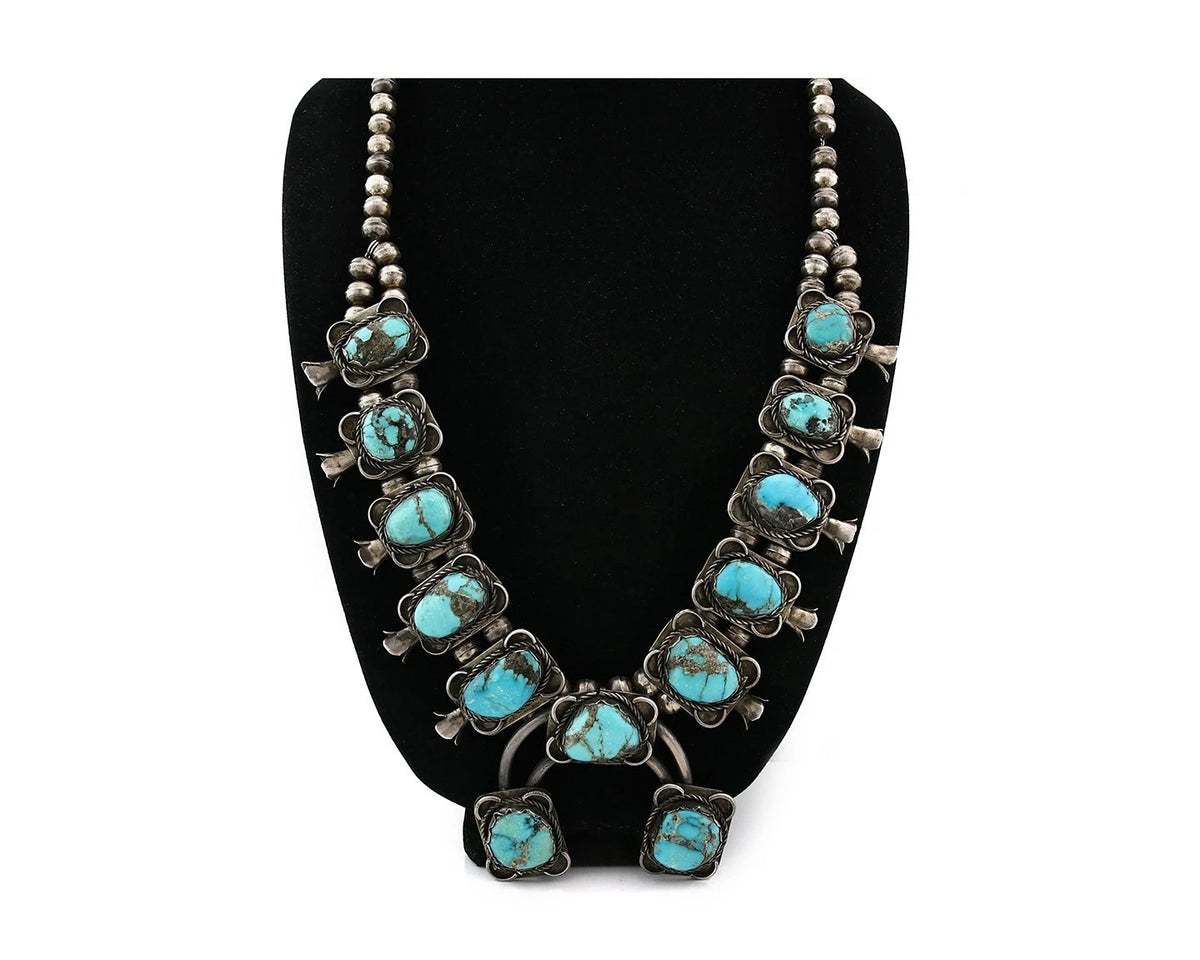 Navajo Squash Necklace Sterling Silver Kingman Turquiose Vintage C.80's