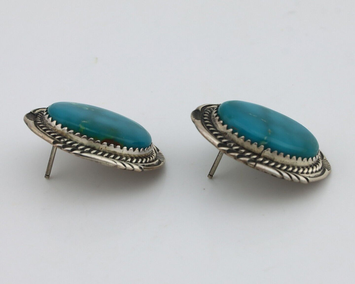 Navajo Hand Stamped Earrings 925 Silver Natural Turquoise Signed M Begay C.80's