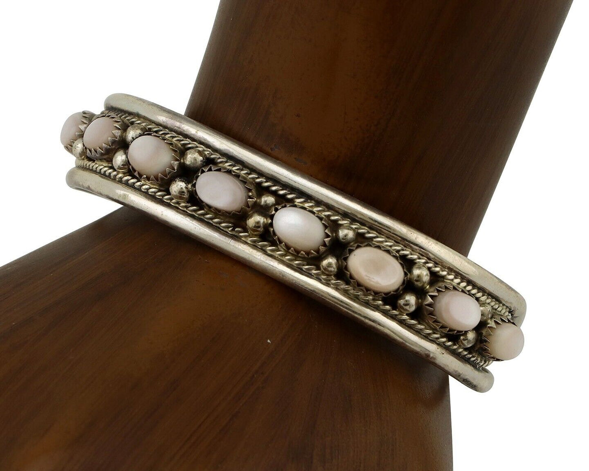 Women's Navajo Bracelet 925 Silver Natural Pink Mussel Native American Signed BB