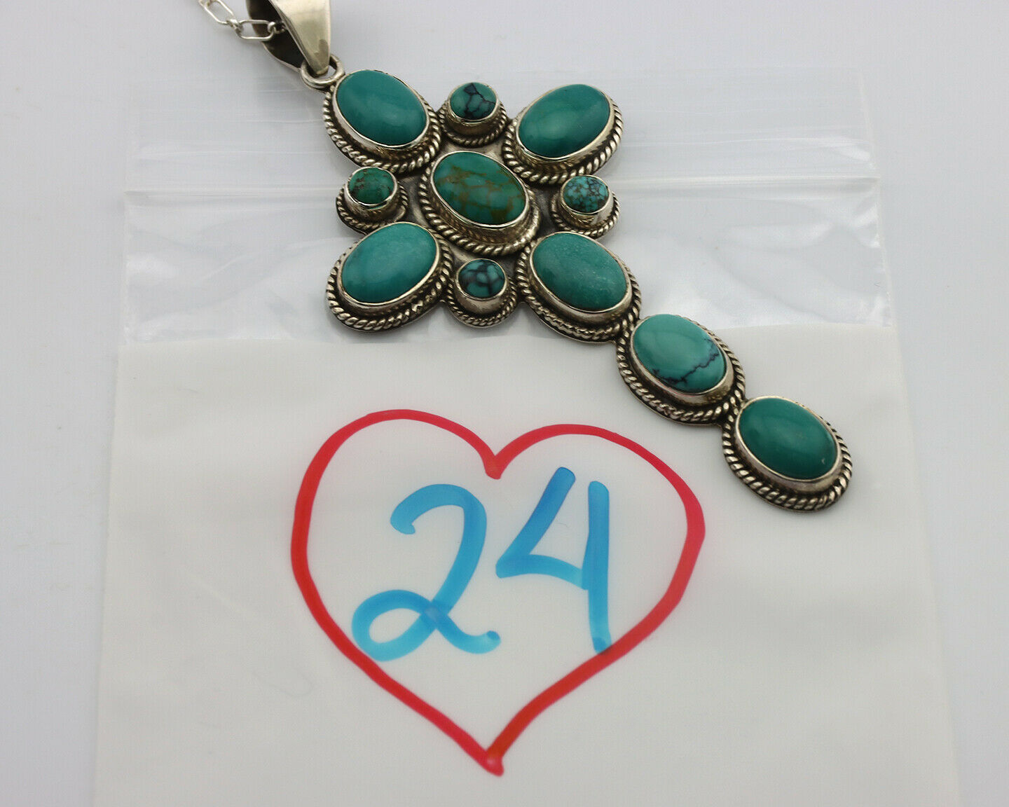 Navajo Cross Necklace .925 Silver Blue Green Turquoise Signed RB C.80's