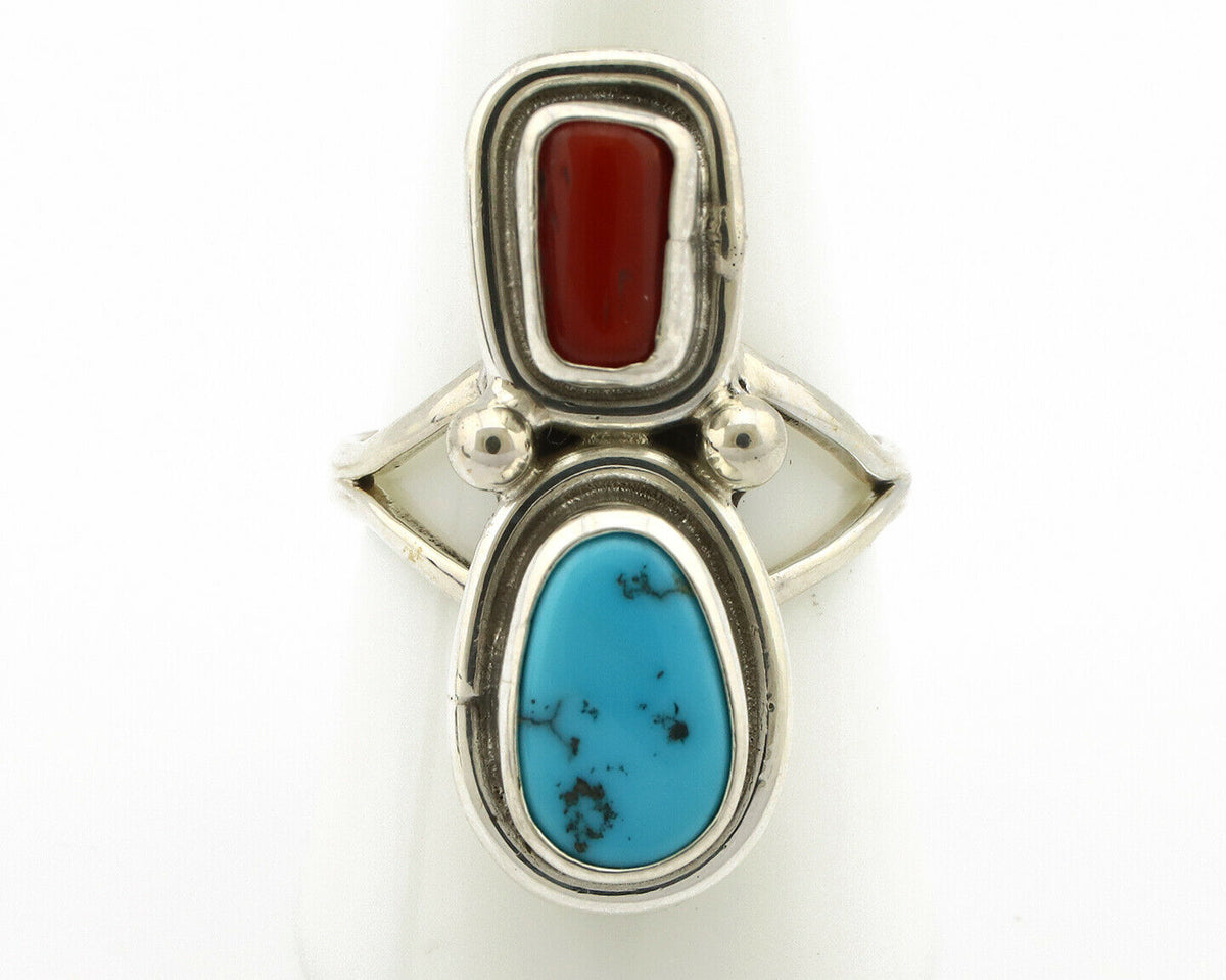 Navajo Ring .925 Silver Blue Turquoise & Red Coral Native American Artist C.80's