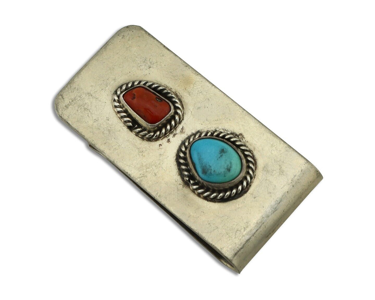 Navajo Money Clip 925 Silver & 999 Nickel Natural Turquoise & Coral Artist C80
