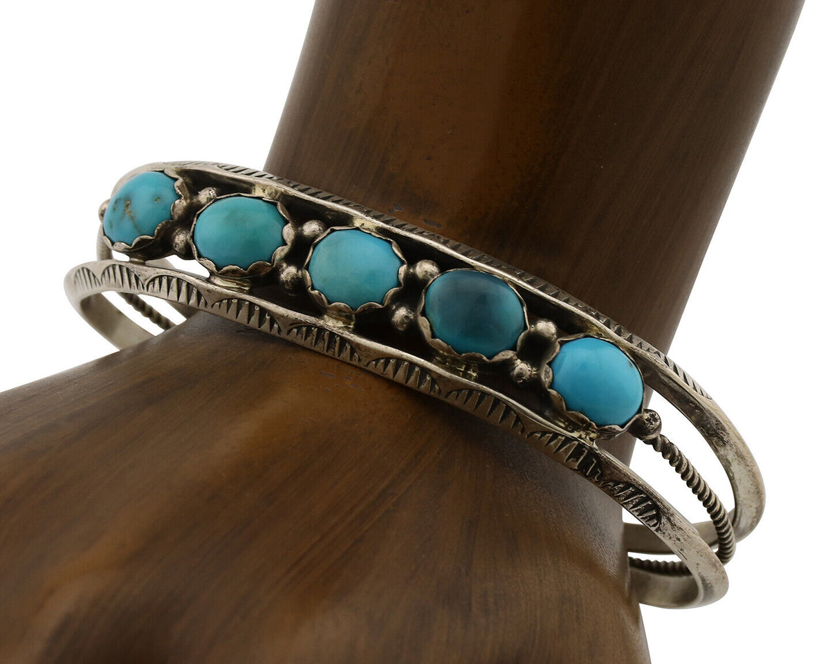 Navajo Bracelet .925 Silver Natural Blue Southwest Turquoise Signed UB C.80's