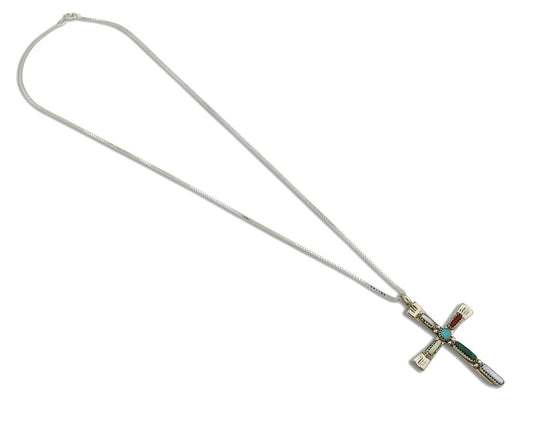 Zuni Handmade Cross Necklace 925 Silver Natural Gemstone Signed L. IULE C.80's