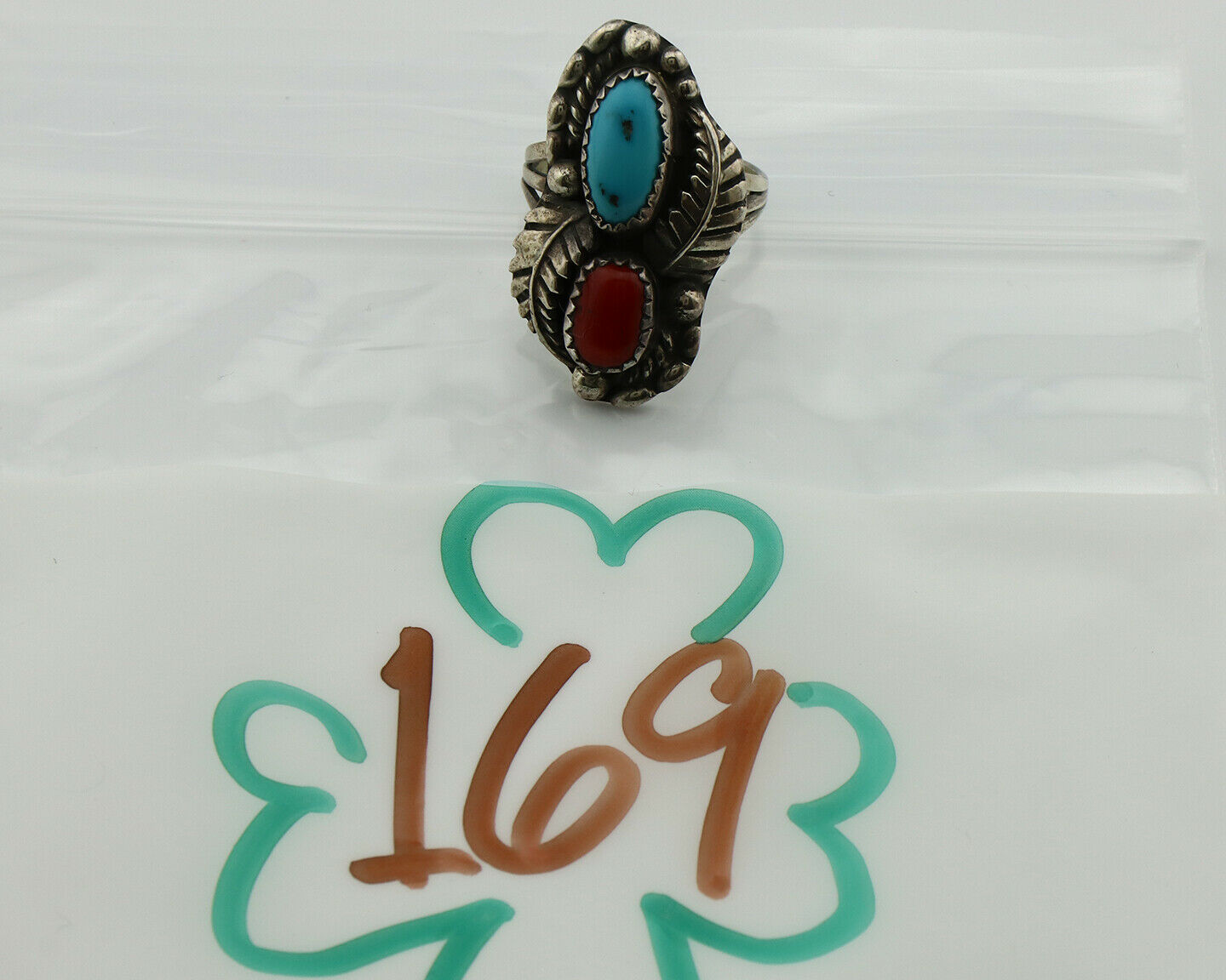 Navajo Ring .925 Silver Turquoise & Coral Artist Signed Thomas Singer C.80's