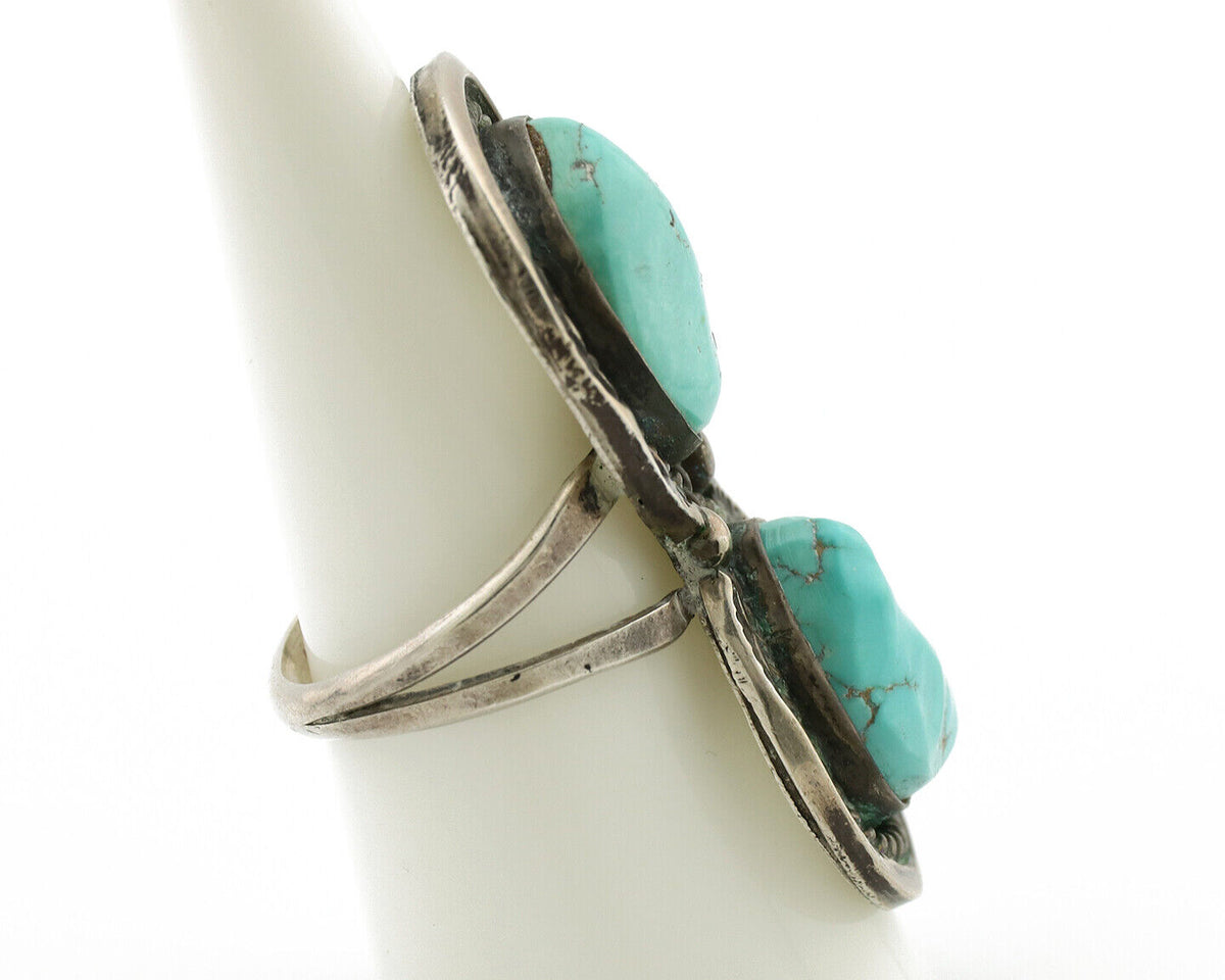 Navajo Ring .925 Silver Globe Turquoise Hand Stamped Native American Artist C80s