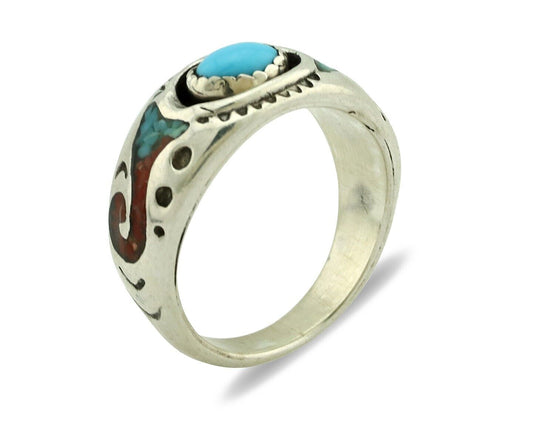 Navajo Handmade Ring 925 Silver Blue Turquoise & Coral Native American C.80's