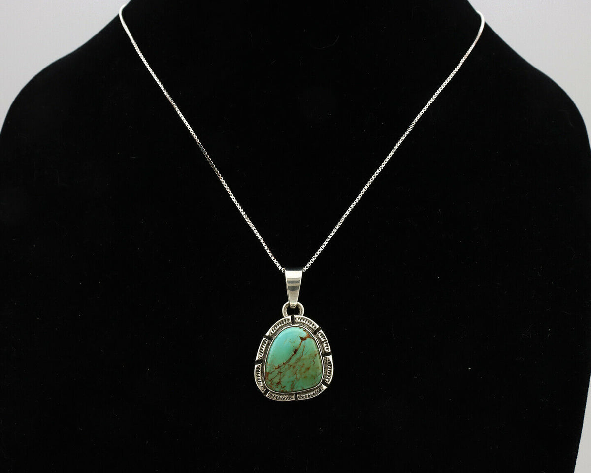 Navajo Kingman Turquoise Pendant .925 Silver Hand Stamped Signed Gecko C.80's