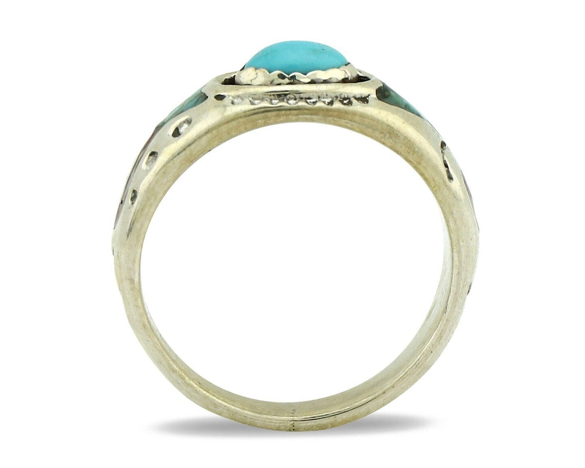 Navajo Handmade Ring 925 Silver Blue Turquoise & Coral Native American C.80's