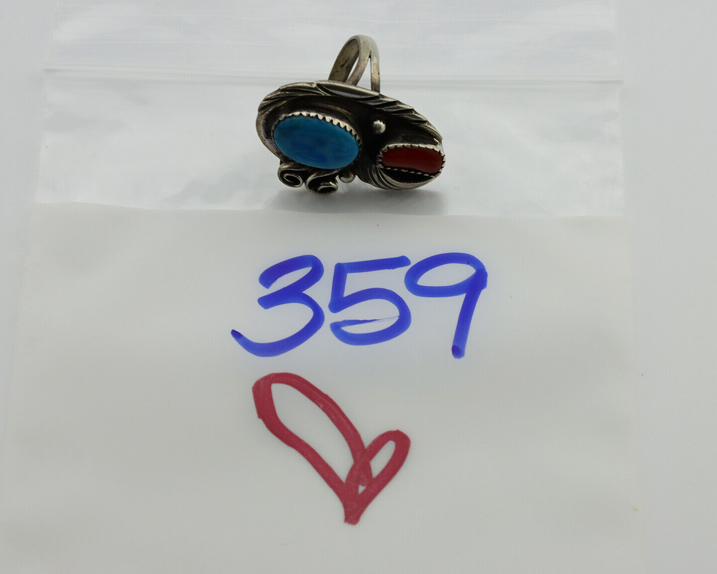 Navajo Ring 925 Silver Turquoise & Coral Artist Signed Native American C.80s