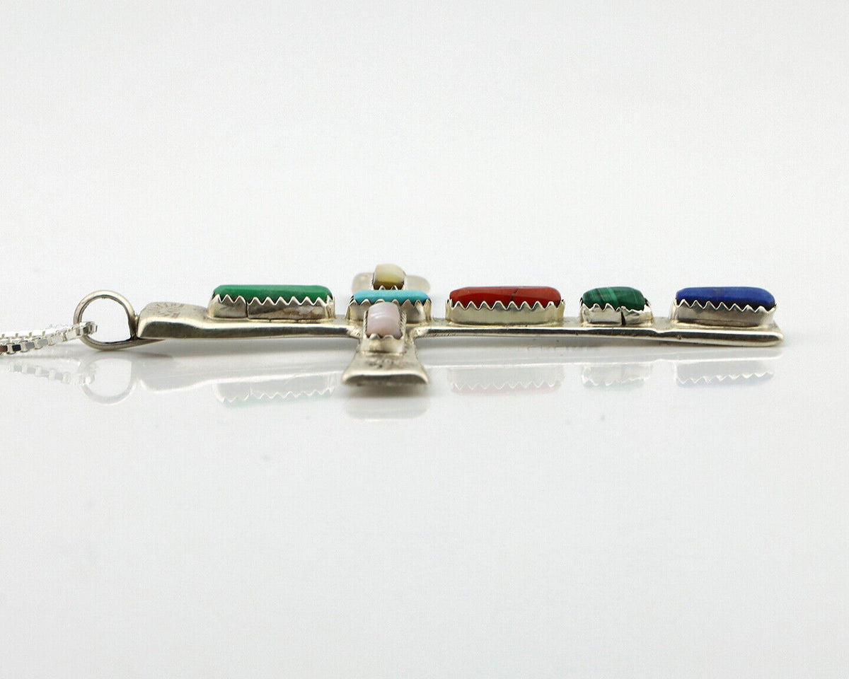 Zuni Handmade Cross Necklace 925 Silver Natural Gemstone Signed W. IULE C.80's